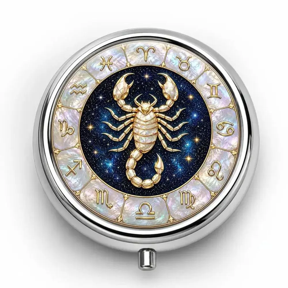 Scorpio Zodiac Metal Storage Box, Three-Compartment Portable Organizer, Compact and Easy to Carry, Ideal for Medicines and Small Items