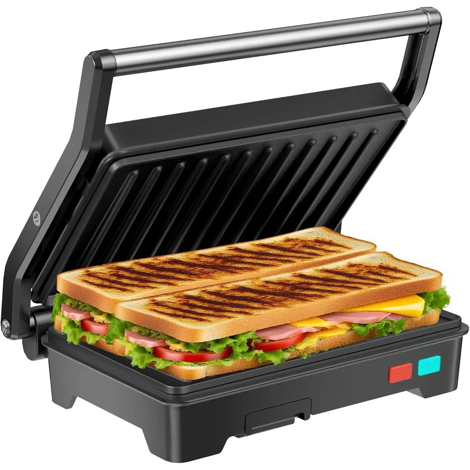 Press Grill, 1000W Sandwich Maker with Non-Stick Coated Plates, Opens 180 Degrees for Any Size of , 3-in-1 Sandwich Press Electric Grill, Stainless Steel Surface and Removable Drip Tray