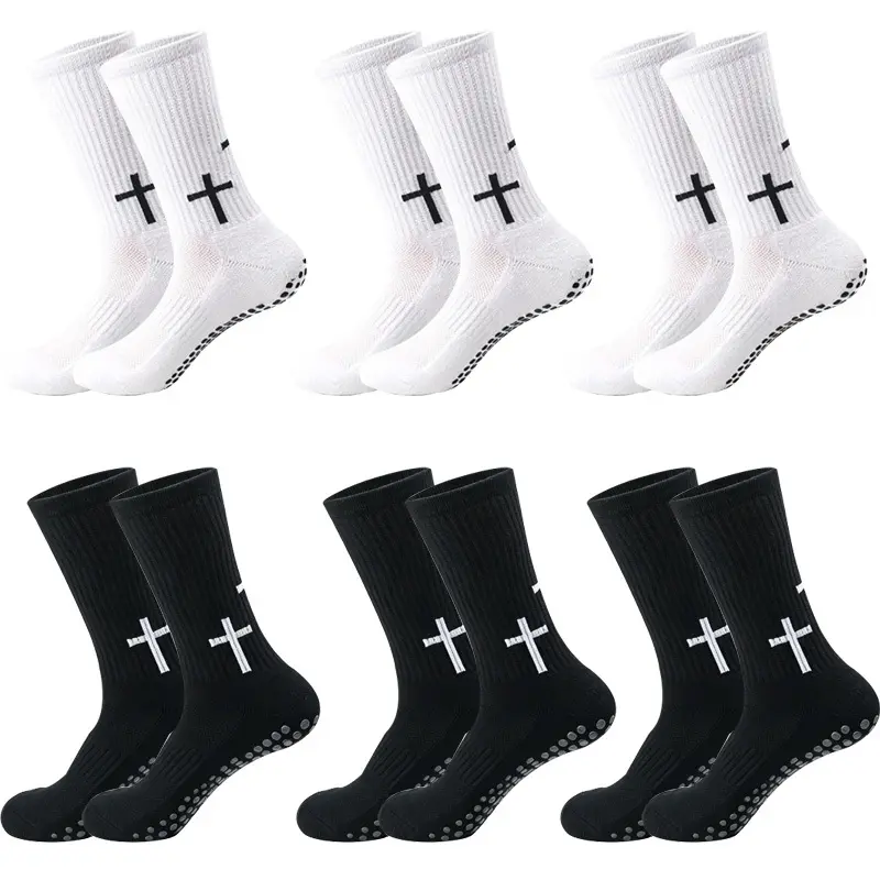 Men's Grip Socks (6 Pairs) - Cross Design, Comfortable, Breathable, Bioadhesive Moisture-Wicking Silicone Bottom for Soccer Training, Professional Matches - Anti-Slip Grip Sports Socks, Breathable Sports Socks, Grip Socks For Soccer