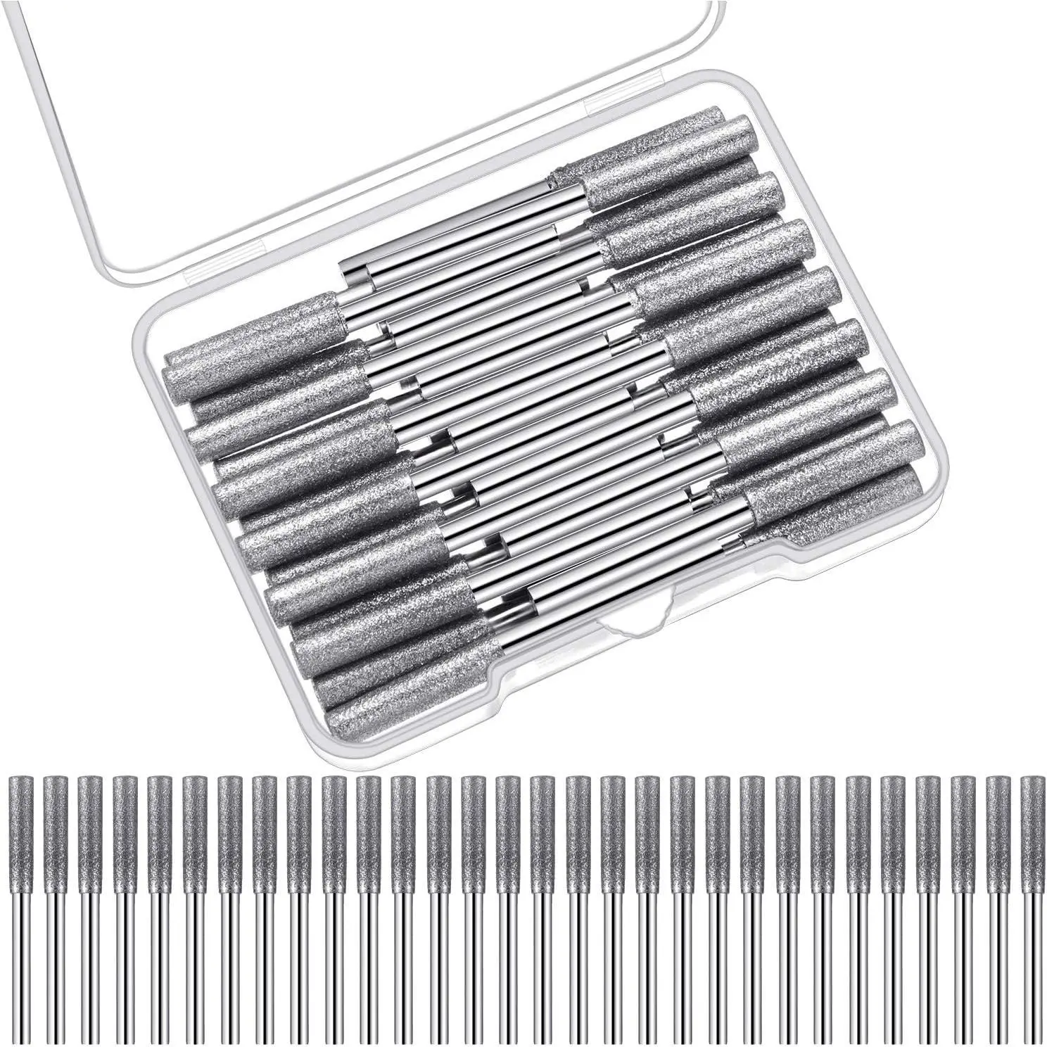 30 Pcs 5/32 Inch High Hardness Titanium Diamond Chainsaw Sharpener Stone Bits, Durable Effective Grinding Kit with 1 Piece Storage Box, 120-180 Mesh Fine & Even Sharpening Wheels for Electric Chainsaws, 3 Mm Diameter, 46 Mm