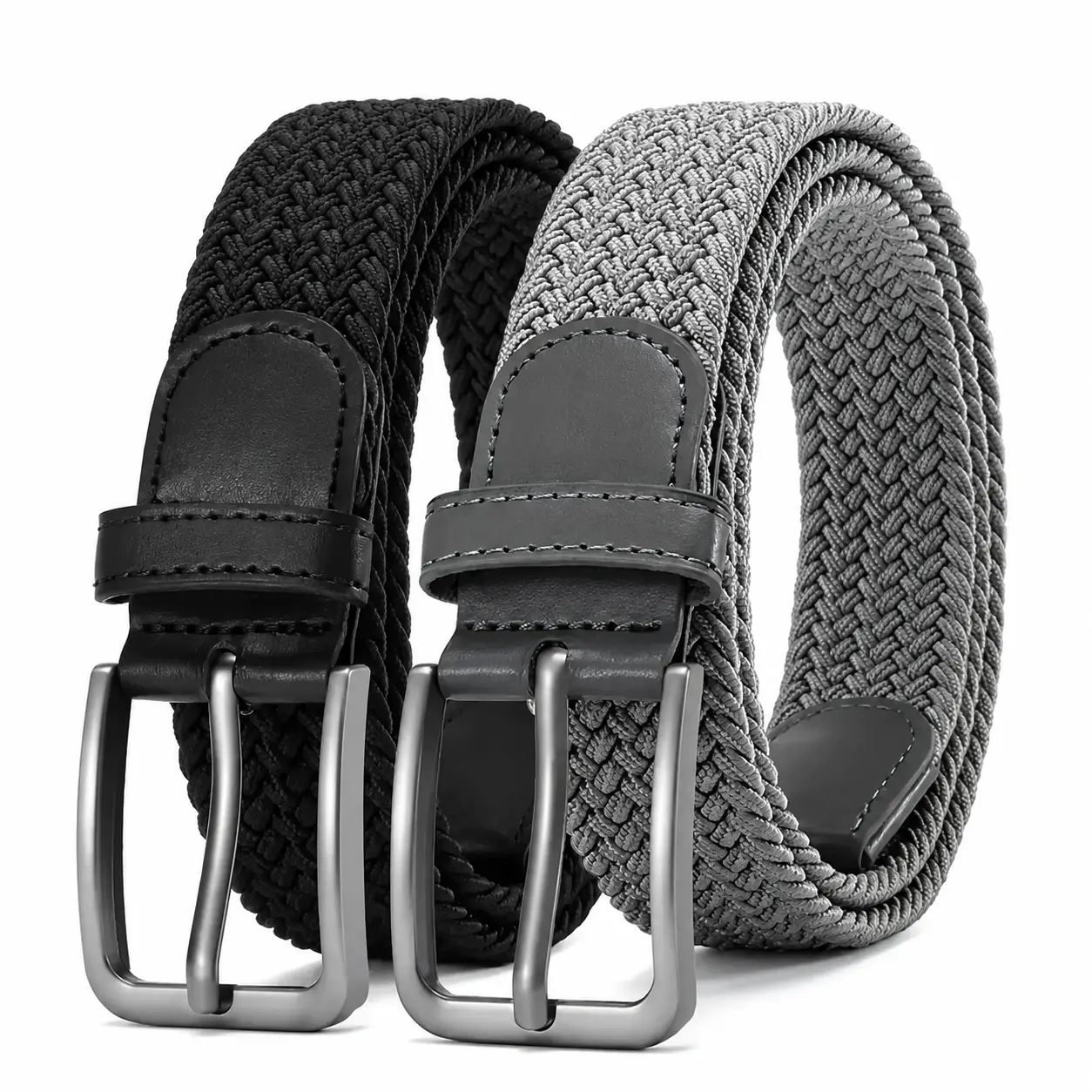 Men's 2-Pack Woven Elastic Belts - Adjustable Waist, PU & Poly Durable Fabric, Secure Buckle Closure, Stretchable for Casual Wear, Golf Outings, Everyday Comfort