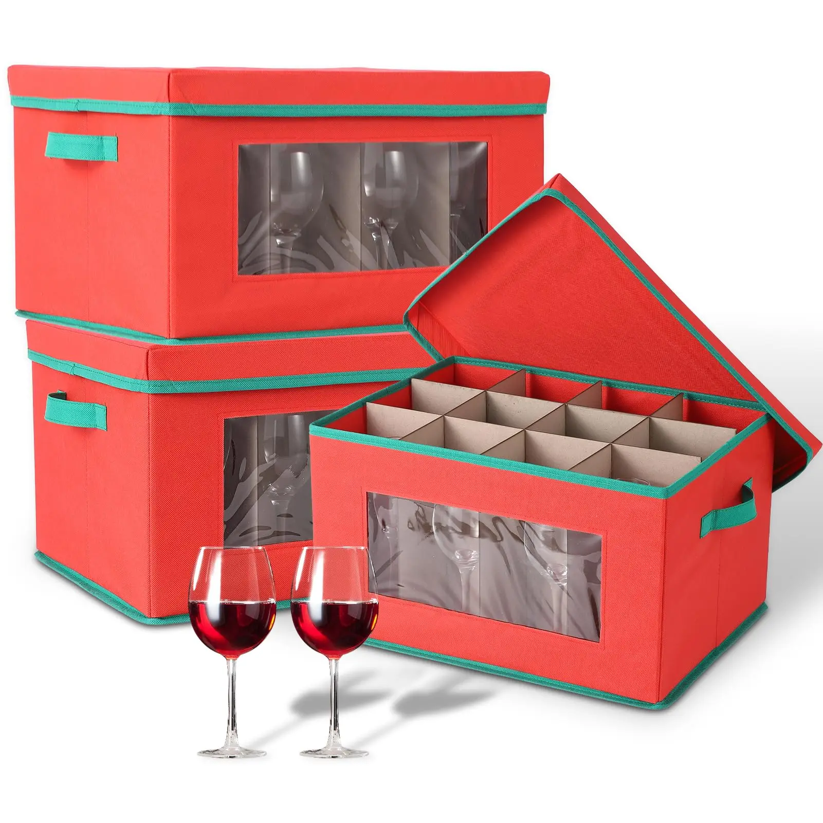 Garvee 3 Pack Wine Glass Storage Boxes with Dividers, Featuring 12-Compartment Stemware Organizers with Lid, Handle, and Clear Window, Available in Red and Grey for Secure and Convenient Glassware Storage