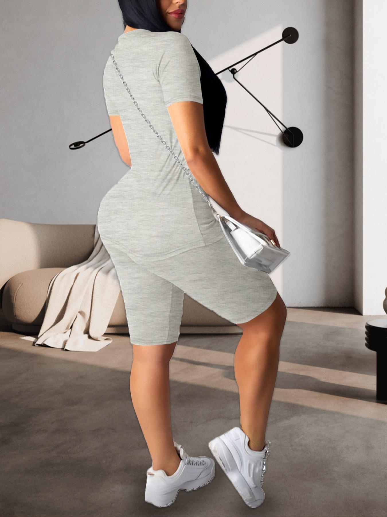 Two-piece Set Women's Fitted Plain Round Neck Tee & Skinny Shorts Set, Summer Clothes Women, Short Sleeve Crew Neck T-shirt & Shorts, Casual Summer Clothes for Outdoor, Cute Summer Outfit