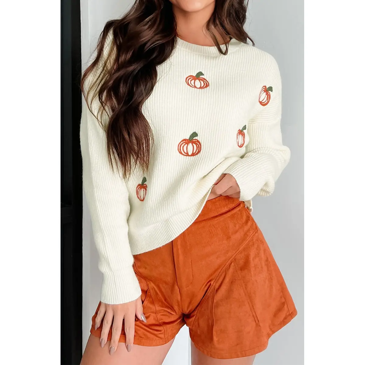 Beige Pumpkin Embroidered Ribbed Thanksgiving Halloween Holiday Sweater