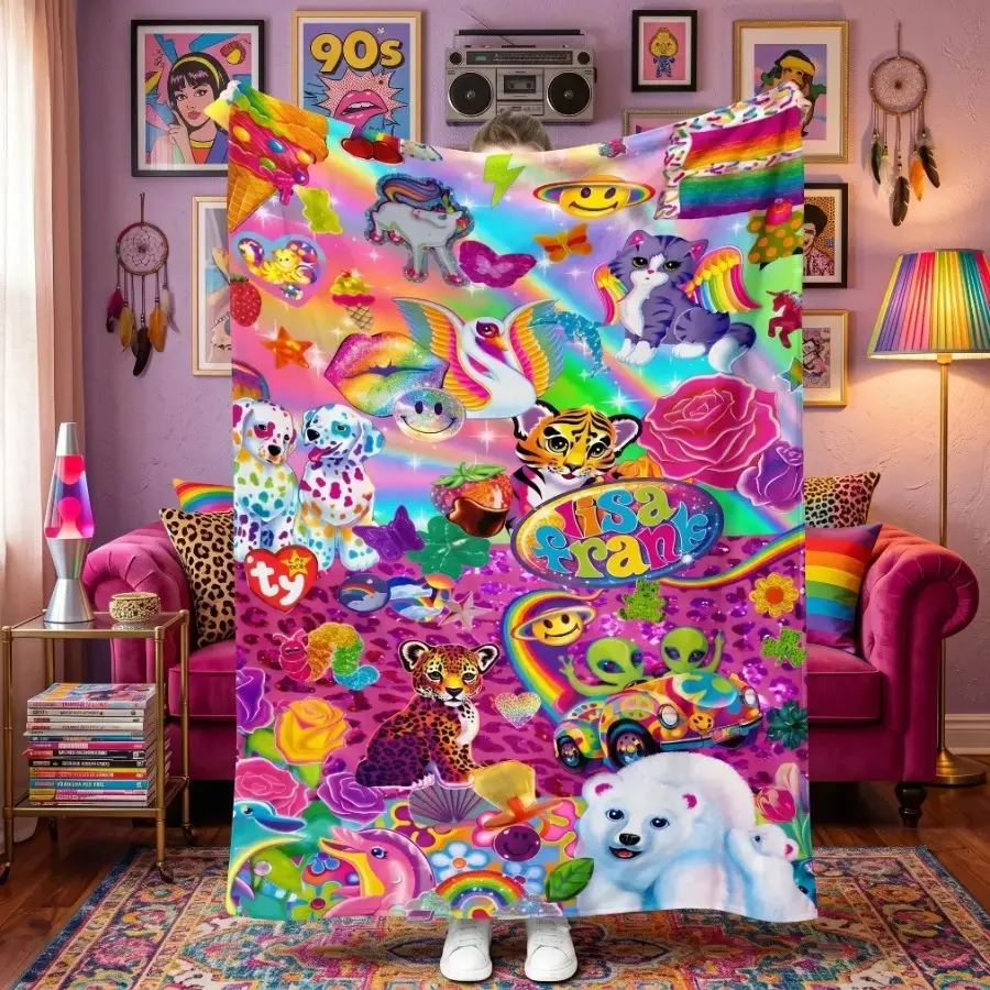 Lisa Frank 90s Cartoon Collage Throw Blanket, Soft Cozy Flannel Blanket for Bed Sofa Bedroom and Dorm Decor, Nostalgic Gift for Fans