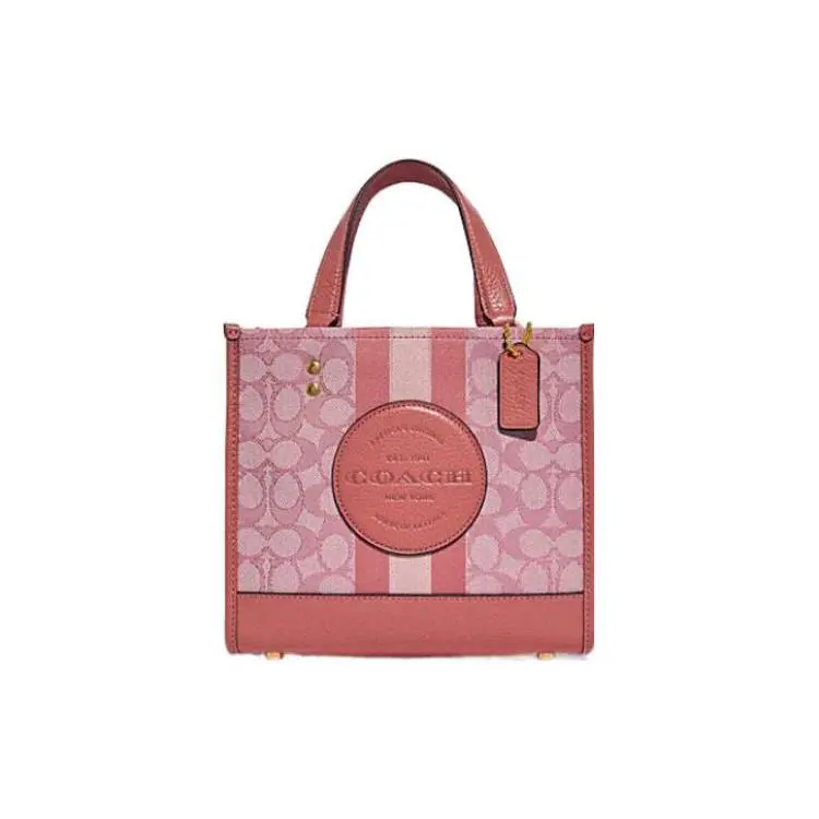 COACH Dempsey 22 Classic Stripe Tote Bag for Women – Canvas and Leather, Caramel Pink