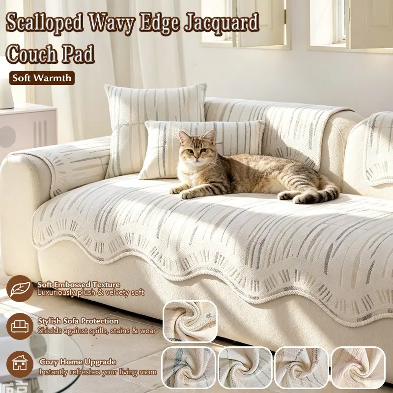 1pc Vertical Stripe Chenille Sofa Cushion, Wave Edge Embroidered Sofa Cover, Non-Slip Base, Pet-Friendly, All Seasons