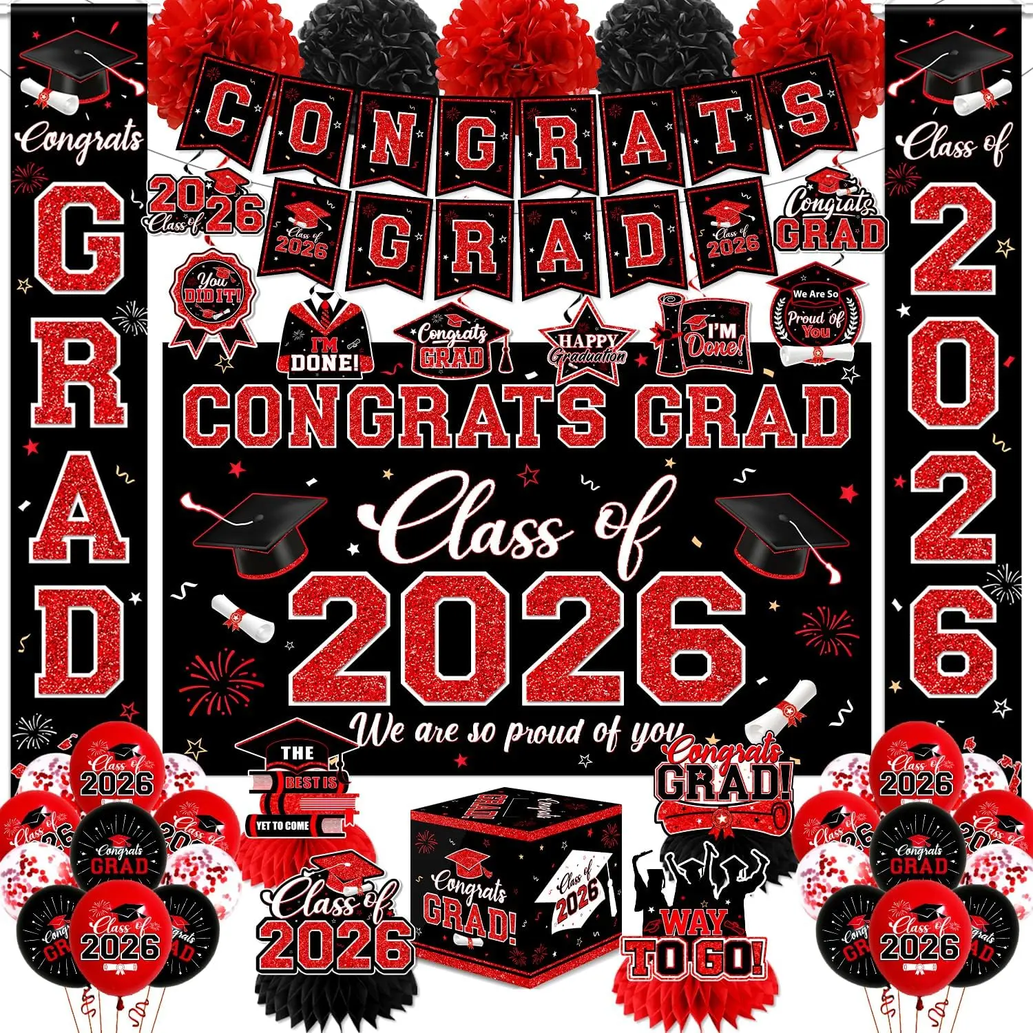 2026 Graduates Portable Foldable Decorative Red & Black Graduation Decorations Kit - 22 Balloons (Burst-Proof), Glitter Banner, Porch Sign, Card Box, Reusable Print Decor, Easy Install for Ceremony, High School Banquets