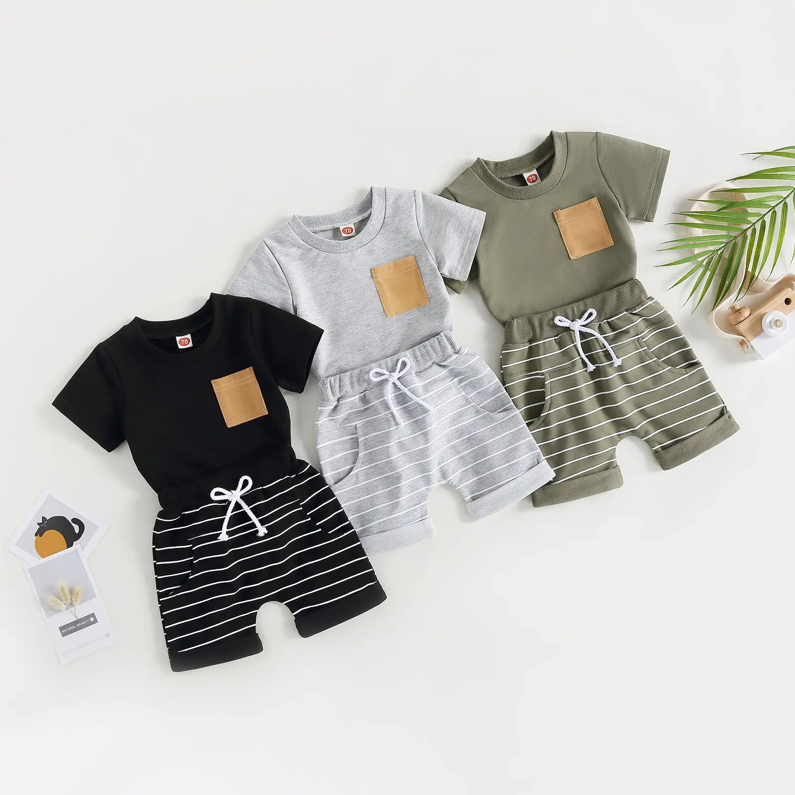Toddler Baby Boy Clothes Set Short Sleeve Solid Color T Shirt Top with Stripe Print Shorts Cute Infant Summer Outfit 0-4 Years
