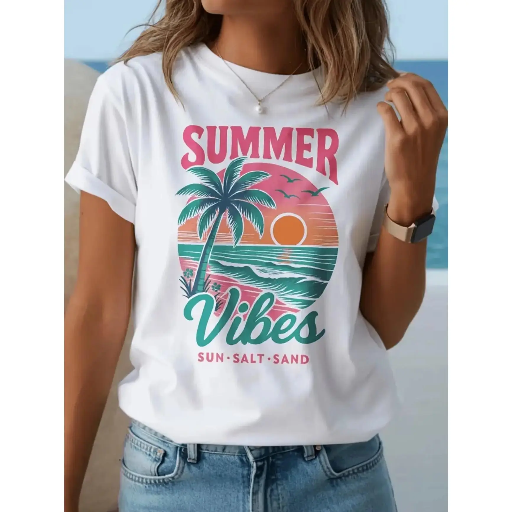 Women's Pastel Pink & Turquoise Palm Tree T-Shirt - Lightweight Breathable Summer Beach Vacation Top, Relaxed Fit Short Sleeve Casual Hawaiian Shirt  Poolside Outfits, Travel Wardrobe Essential - Ideal  - Holiday Outfit Gift, Women's Summer Top