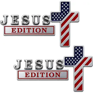 Blessed Jesus Edition Sturdy Metal Cross Emblem 2-Pack, 3D Christian Religion Badge with Patriotic Flag Design, Heavy Duty Alloy Auto Exterior Decoration for Truck, Car, Motorcycle (Ideal for Birthday, Father's Day Gifts for Friends)