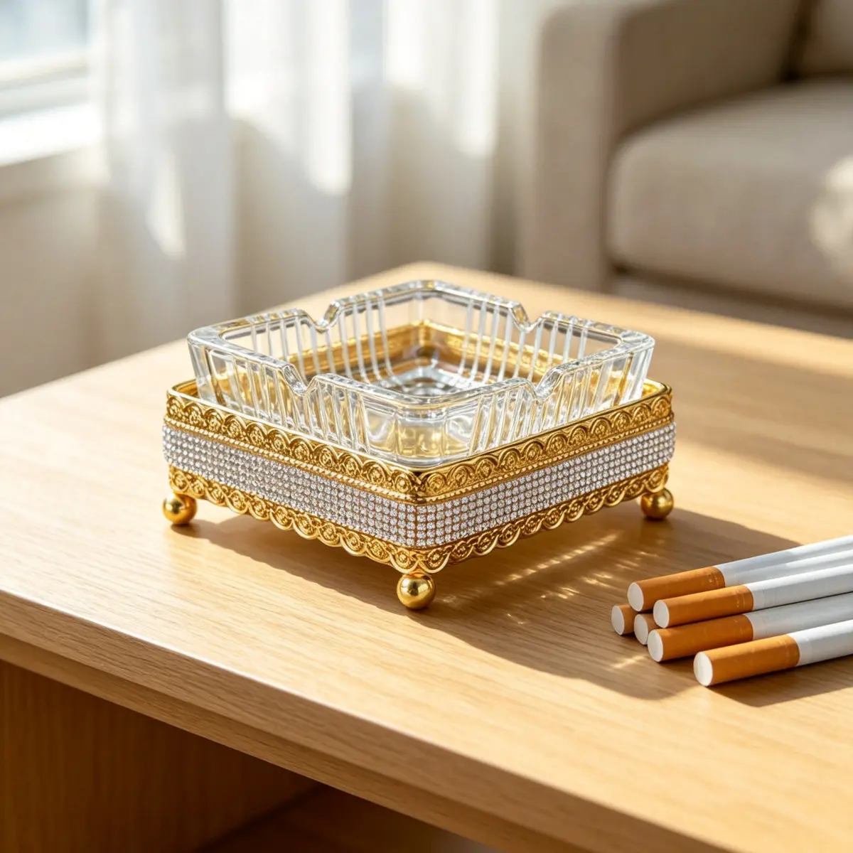 Rhinestone Crystal Glass Ashtray, Dual Use Jewelry Tray and Ashtray, Elegant Luxurious Decorative Accessory for Home and Office, Decoration
