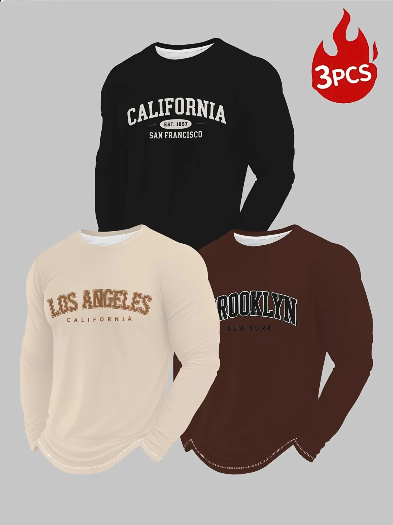Men's Long Sleeve T-Shirt, Outdoor Casual Wear, Slim-Fitting All-Over Print, Three-Piece Set, Ideal for All Seasons