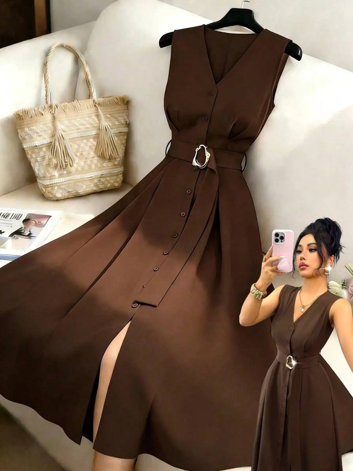 New Women's Sleeveless V-Neck Knit Cardigan, Elegant Metal Ring Decoration, Slim Fit Versatile Casual Long Dress, Stylish and Chic
