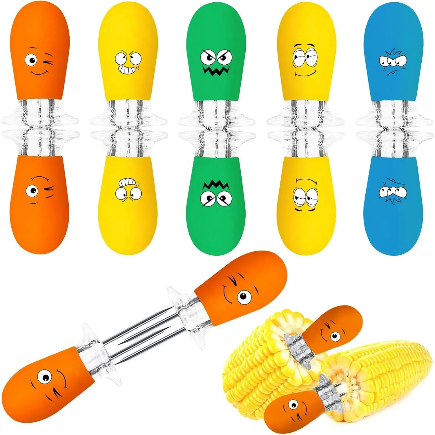 Corn Holders, 10Pcs/5 Pairs Corn Cob Holders Sets, Funny Faces Stainless Steel Corn on The Cob Holders BBQ Fork Skewers for Home Cooking Parties Camping