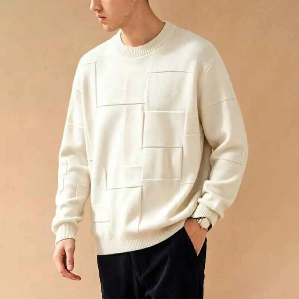 Men's European Style Plaid Pullover, Soft Round Neck Knitting Sweater, Long Sleeve Jumper for Casual Daily Wear