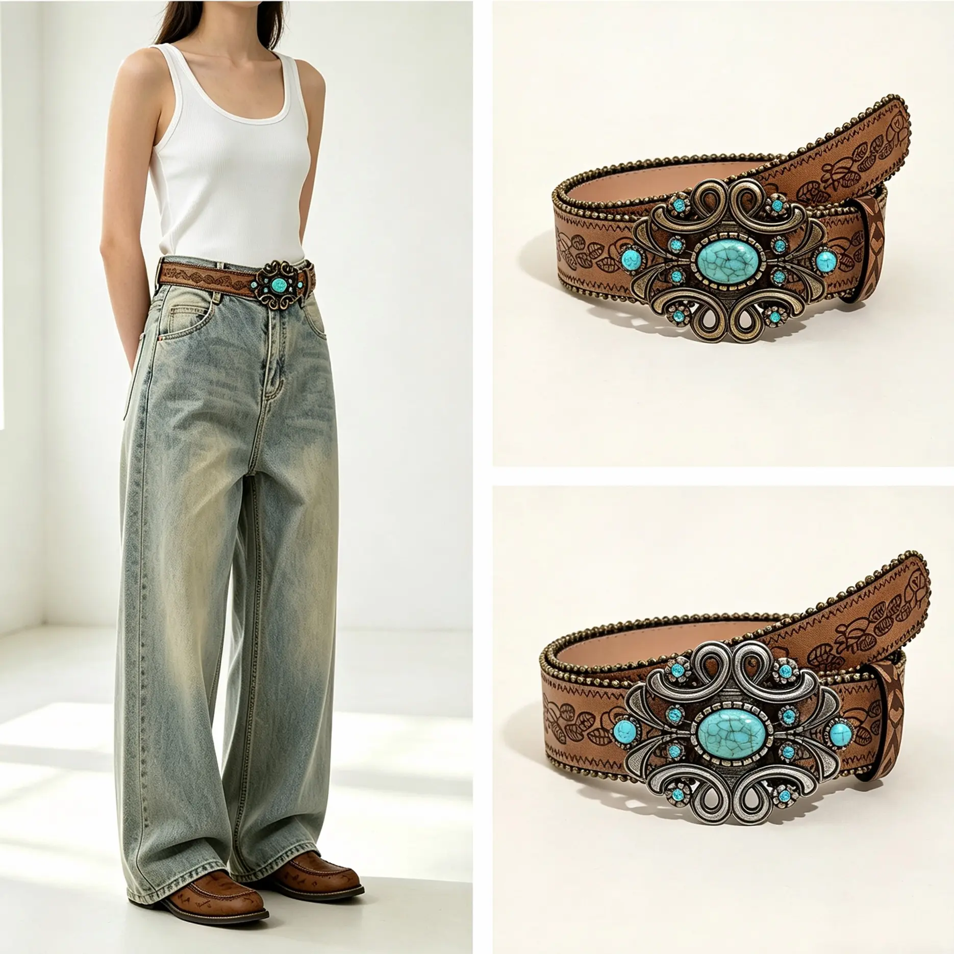 Western Bohemian Turquoise Inlaid Carved Wide Leather Belt, Vintage Ethnic Floral Metal Buckle Waist Strap, Retro Decorative Belt for Jeans Cowboy Outfits, 3 Lengths Available