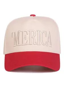 Americana Patriotic Slogan Structured Baseball Cap, Retro Two-Tone Canvas Embroidered 'MERICA' Hat, Underground Streetwear Style, Embroidery Hat