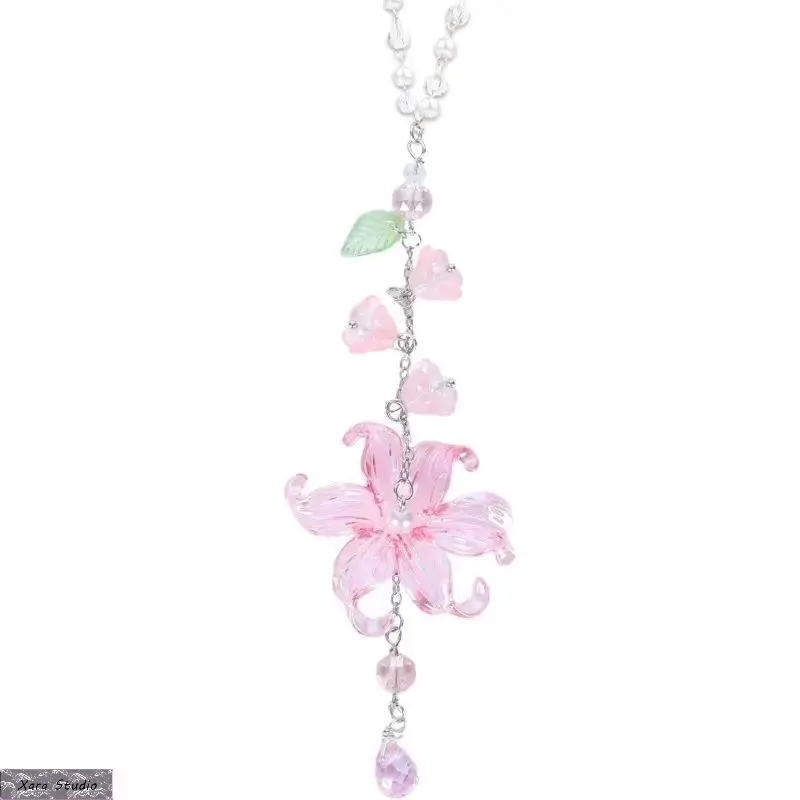 Lily of the Valley Crystal Suncatcher Car Hanging Decor, Lotus Flower Rearview Mirror Charm, Handmade Resin Bead Car Ornament, Boho Aesthetic Car Accessory, Sparkling Light Catcher Lucky Gift for Women Men