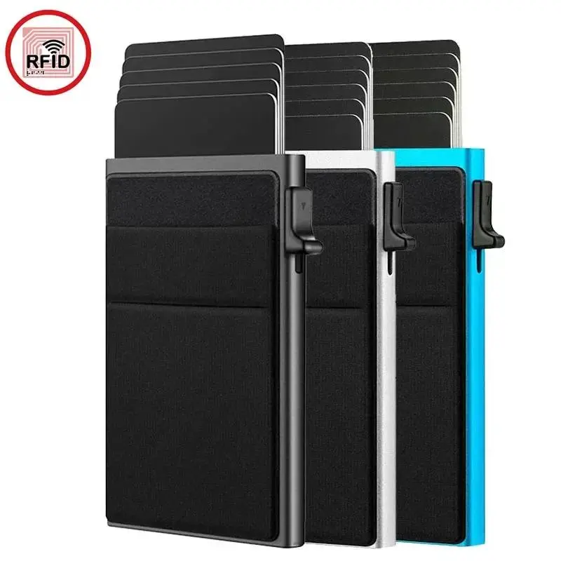 Unisex Minimalist Slim RFID Shielded Metal Wallet - Stainless Steel Fabric Auto-Eject Credit ID Card Holder, Multi-Color Anti-Skimming Pocket Purse for Travel, Daily Use, Minimalist Metal Wallet, Rfid Shielded Wallet