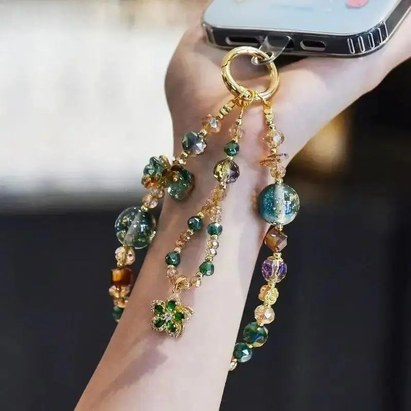 Crystal Beaded Phone Charm Wrist Strap for Women, Cute Colorful Gemstone Phone Chain with Flower Pendant, Aesthetic Phone Accessories, Trendy Y2K Phone Lanyard Strap, Stylish Gift for Girls, Kawaii Mobile Phone Decoration