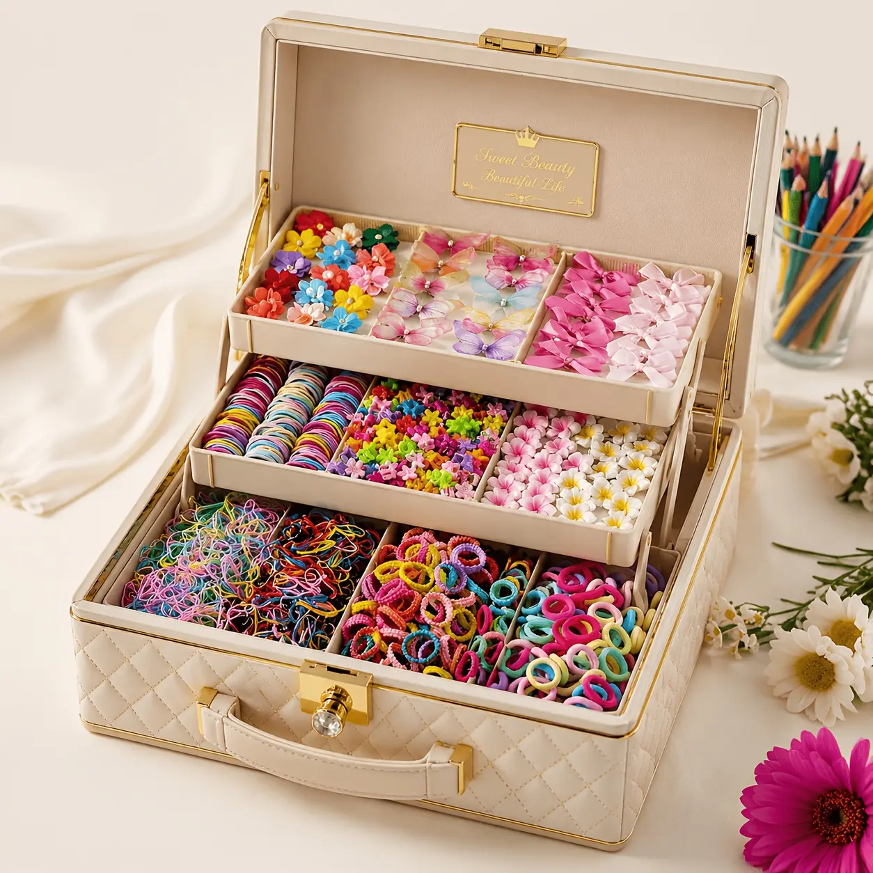 898 Pieces Mixed Cute Sweet Floral Hair Accessory Set Without Box - Plumeria Designed High Elastic Hair Ties and Butterfly Clips, All-Year Gifts for Women and Girls
