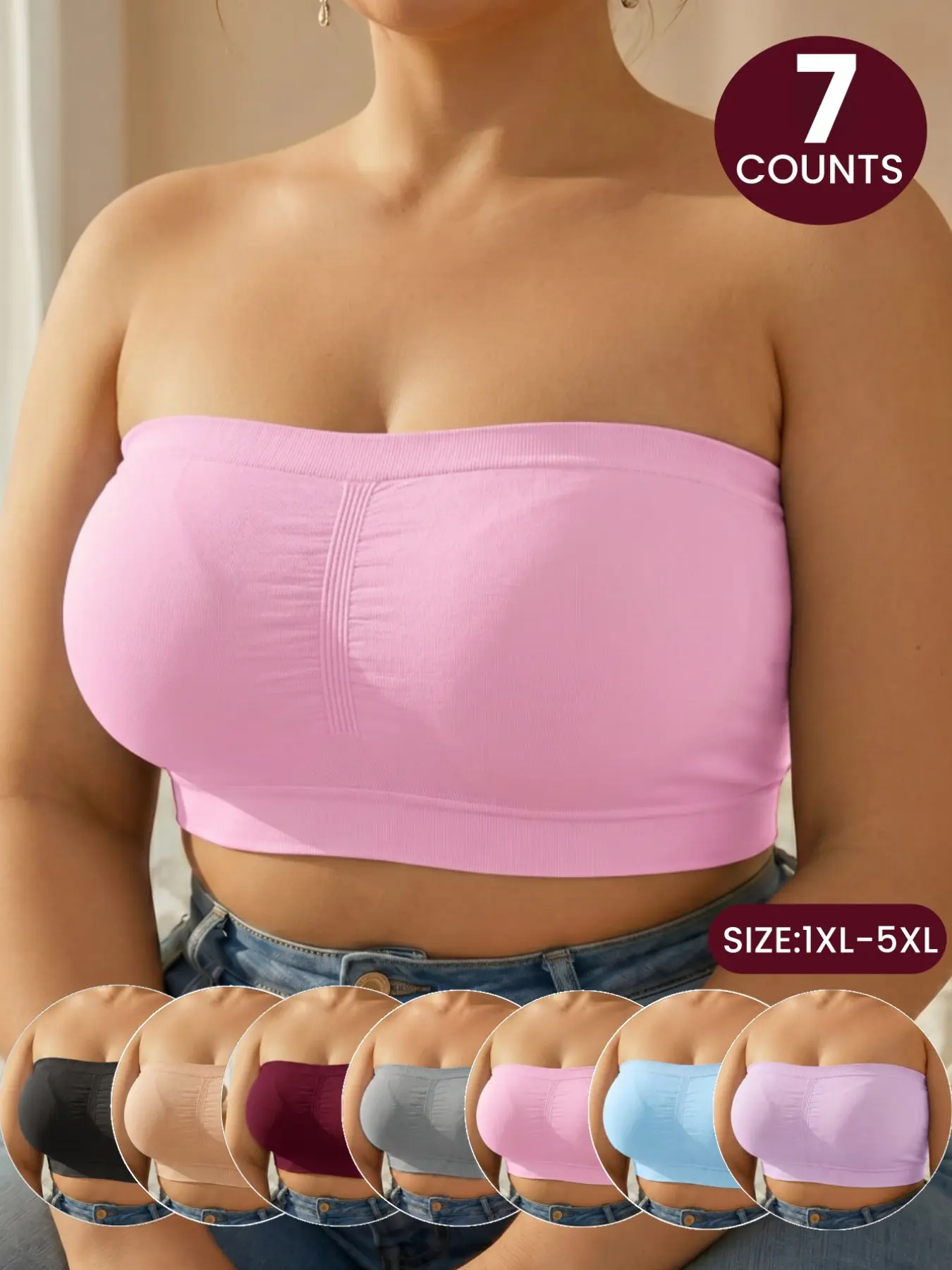 Plus Size Women Seamless Comfort Solid Casual Bandeau Bra Top, Strapless Tank Top, Elastic Waist, No Padding Tube top for Sleep&Home,Daily Wear, Women's Plus Size Lingerie for All Seasons