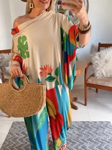 Tropical Plant Print Asymmetrical Shoulder Bat Sleeve Top and Wide Leg Pants Set, Loose Fit Vacation Casual, Two-Piece Ensemble