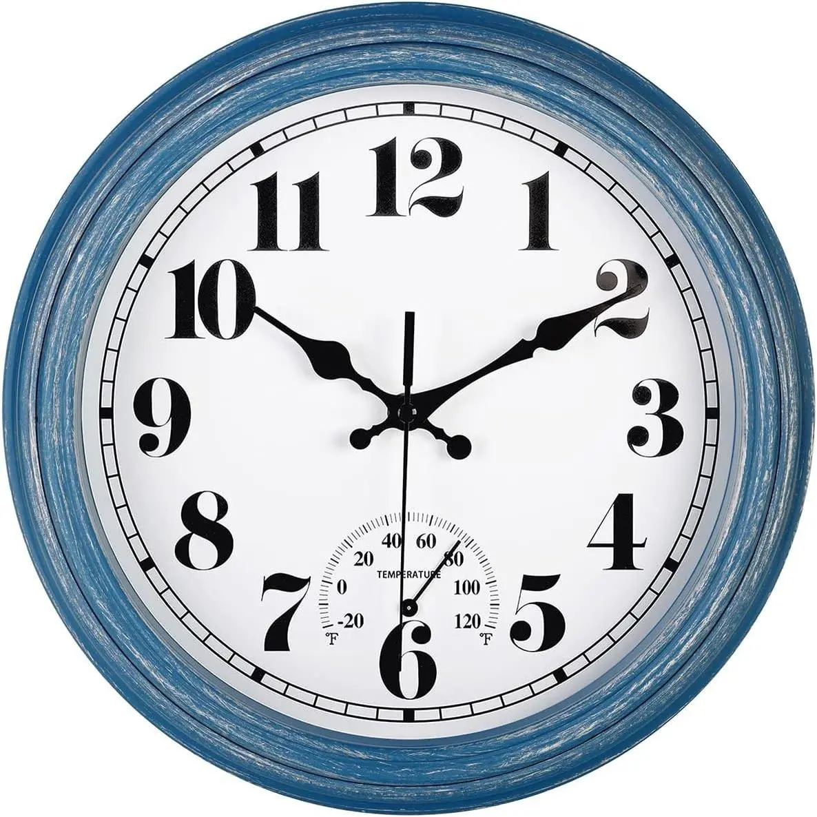 12 Inch Indoor/Outdoor Retro Waterproof Wall Clock with Thermometer Silent Round Quartz Battery Operated Easy to Read Decorative for Kitchen Patio,Bathroom,Deck,Porch,Pool(Blue)