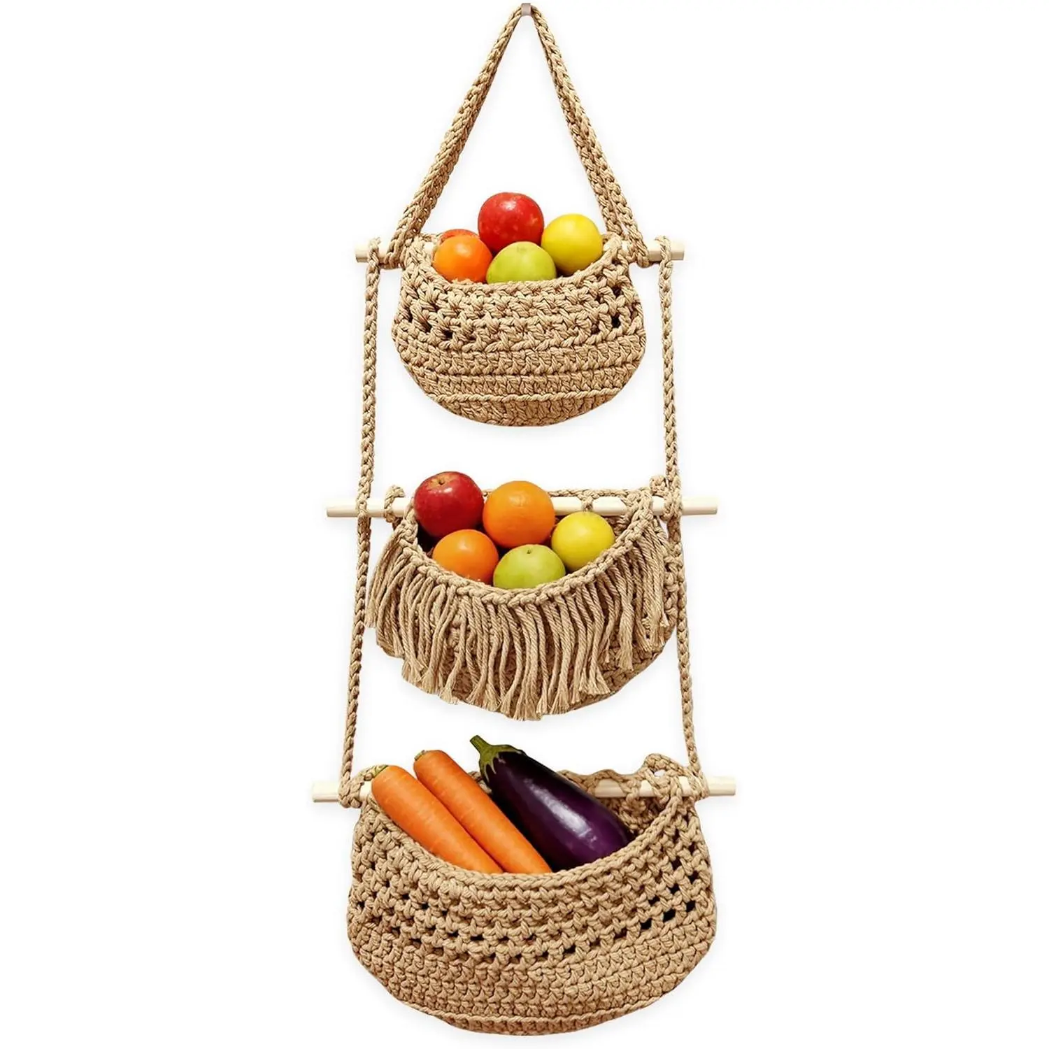 Rope  Basket, 3 Tier Detachable Wall Organizer  Woven Jute  Boho Style Tiered Storage Shelf for Kitchen, Living Room, Bathroom, Produce & Pantry