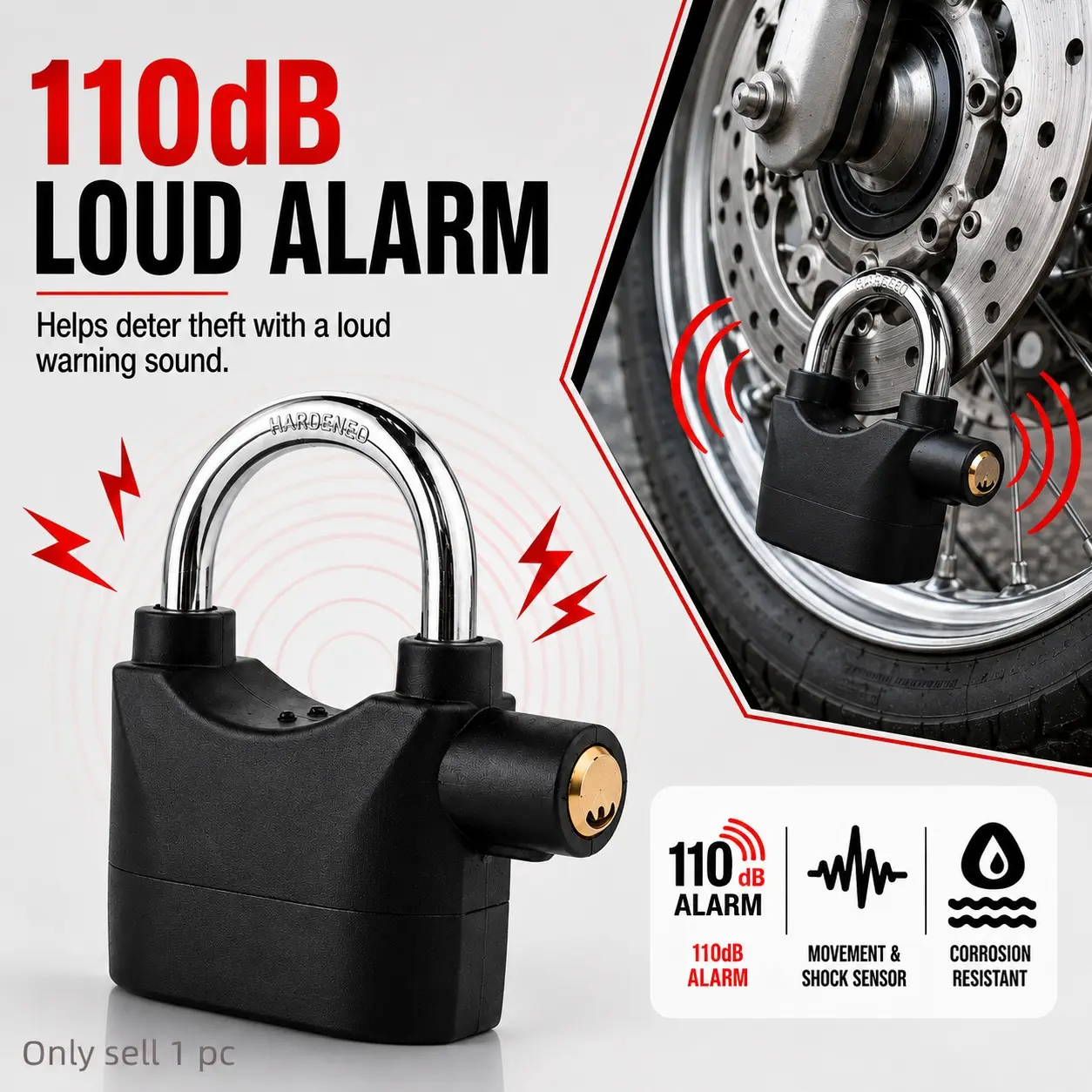 110dB Loud Alarm Hanging Padlock, Outdoor Security Lock with 3 Keys, Anti-Theft U Shackle Lock for Garages, Fences, Gates, Sheds, Storage Units, Bikes and Motorcycles, Corrosion Resistant