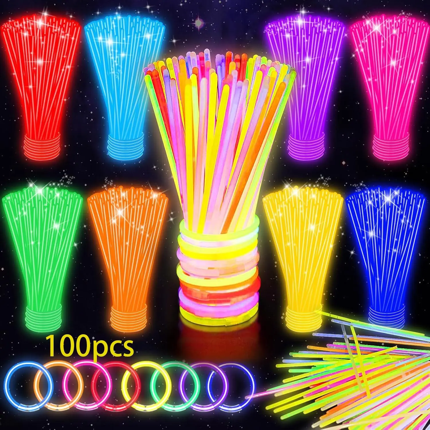 100pcs Glow Sticks, Neon Lights for Parties, Festival Party Supplies, Glowing Necklaces and Bracelets with Connectors, Easter, Halloween, Christmas, Birthday Decorations