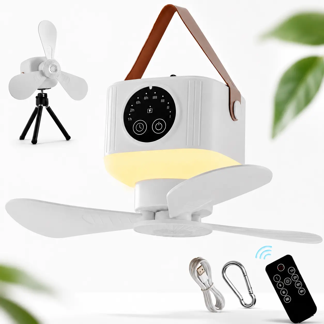 Portable Camping Fan with LED Light, USB Rechargeable Tent Fan, Remote Control, 4 Speeds, Timer, Hanging Fan for Tent/RV/Home