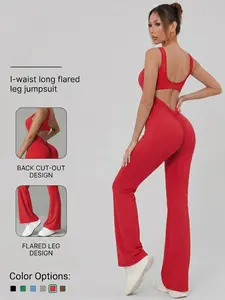 Women's H-Type Open Back Jumpsuit, Casual Plain Design, Yoga & Home Workout, High-Waisted Flared Pants, All-Seasons Fashion