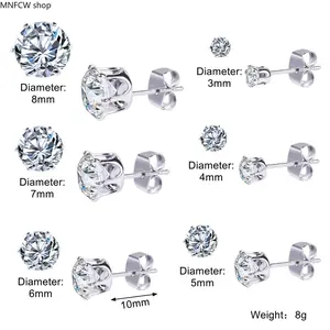 Stud Earrings Set, 6 Pairs Minimalist Stainless Steel with Zircon for Men and Women, Versatile Daily Fashion Jewelry, Male