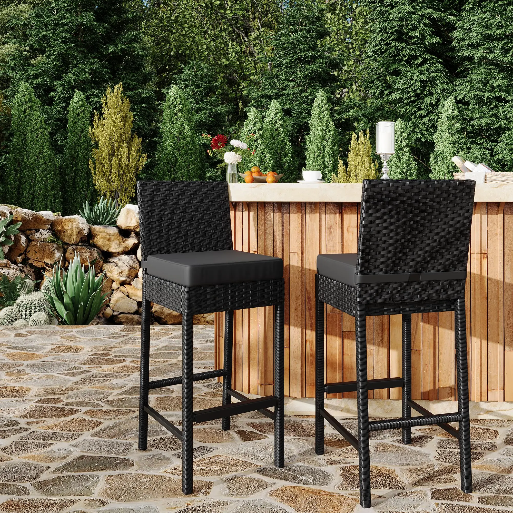 Ergonomic Set of 2 Outdoor Wicker Bar Stools - 28" Resort-Style Patio Rattan Barstools with Armrests, Washable Easy-Clean Cushions, 400 lbs Poolside Weight Capacity