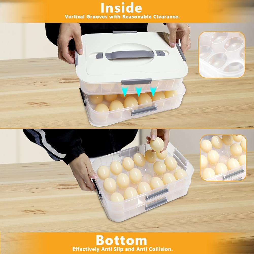 2-Layer Deviled Egg Containers With Lid,36PCS Deviled Egg Tray Carrier with Handl Injector Piping Tool,Portable Stackable Egg Holder Platter Holder Organizer for Refrigerator Party Picnic Travel Event