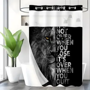 LVRLVR 1pc Motivational Lion Shower Curtain, Black White Wildlife Inspirational Quote Print, Sheer Top Window, Detachable Liner & No Hook C-Ring, 70.8" x 74"