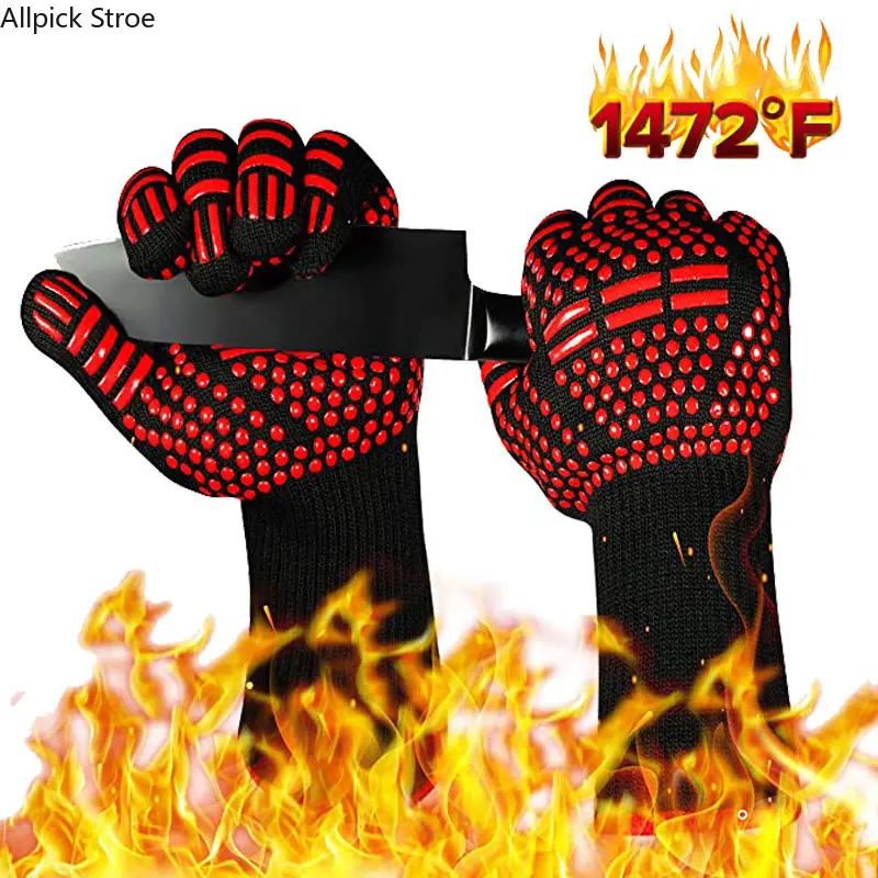 800°F Heat Resistant BBQ Gloves, Fireproof Oven Mitts with Non-Slip Silicone Grip for Grilling, Cooking, and Baking