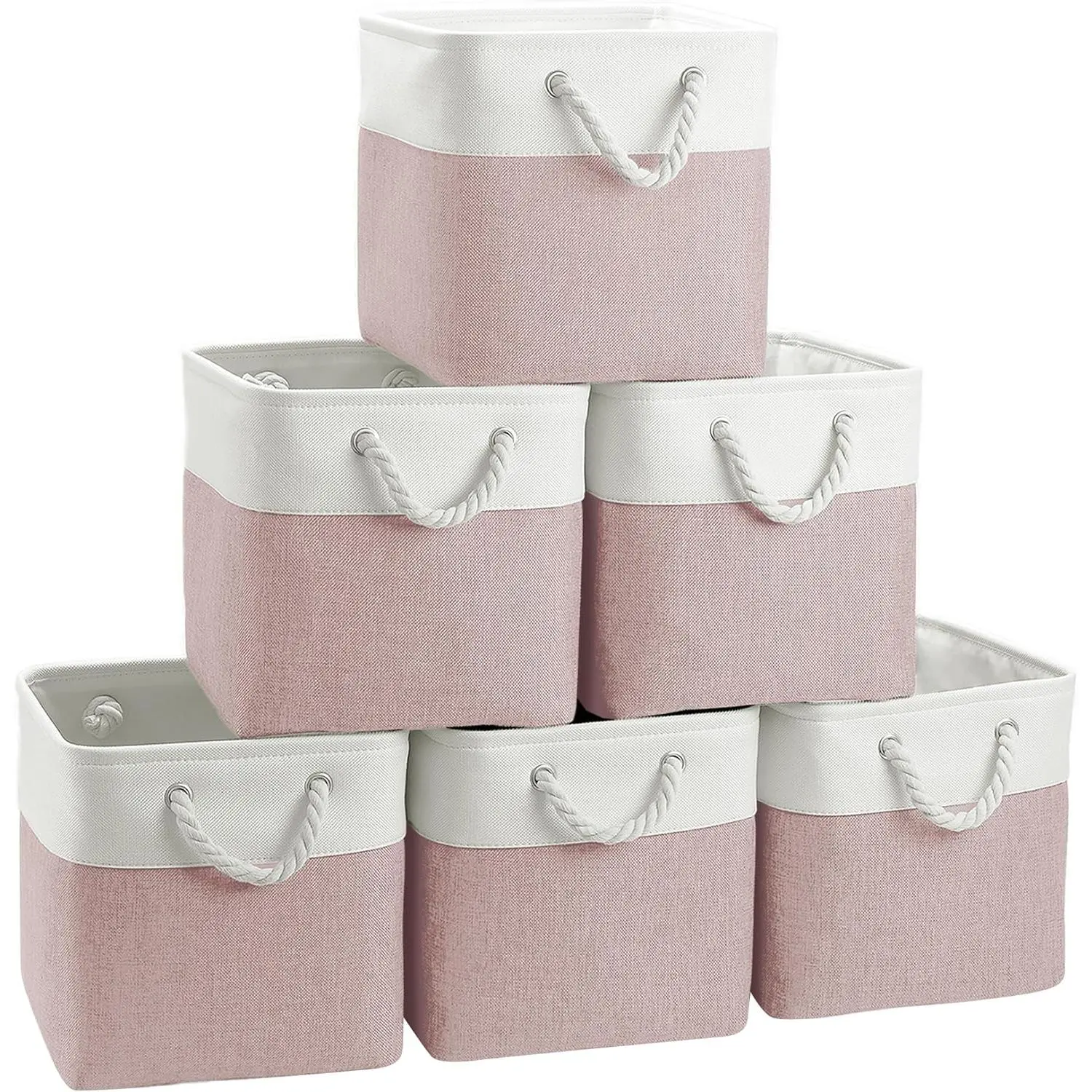 Decorative Linen Fabric Cube Storage Bins 6-Pack 11x11in Dual-Handled, Cotton Organizer Boxes for Pet Supplies, Wardrobe & Room Storage, Office Shelf Organization (White/Pink)