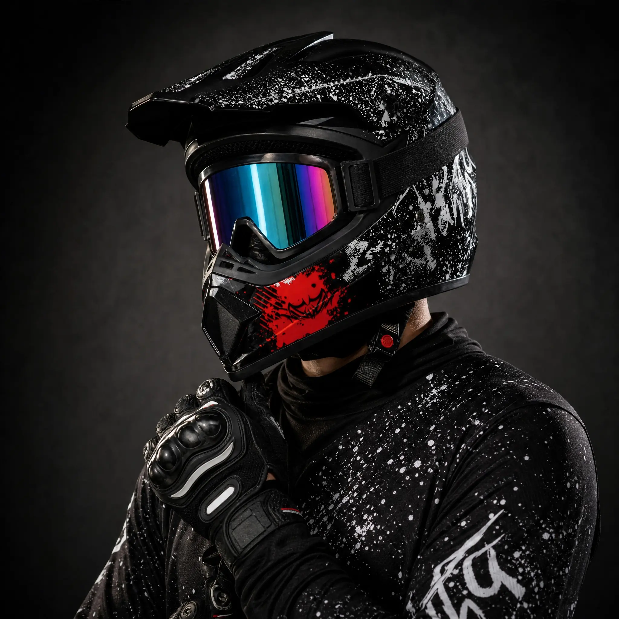 Graffiti Splatter Full Face Motocross Helmet for Adults, ABS Shell with Multi-Density EPS, 4-Piece Riding Safety Set with Goggles, Gloves & Mask, Ventilated for Off-Road Dirt Bike ATV, Dirtbike Helmet, Riding Safety Helmet