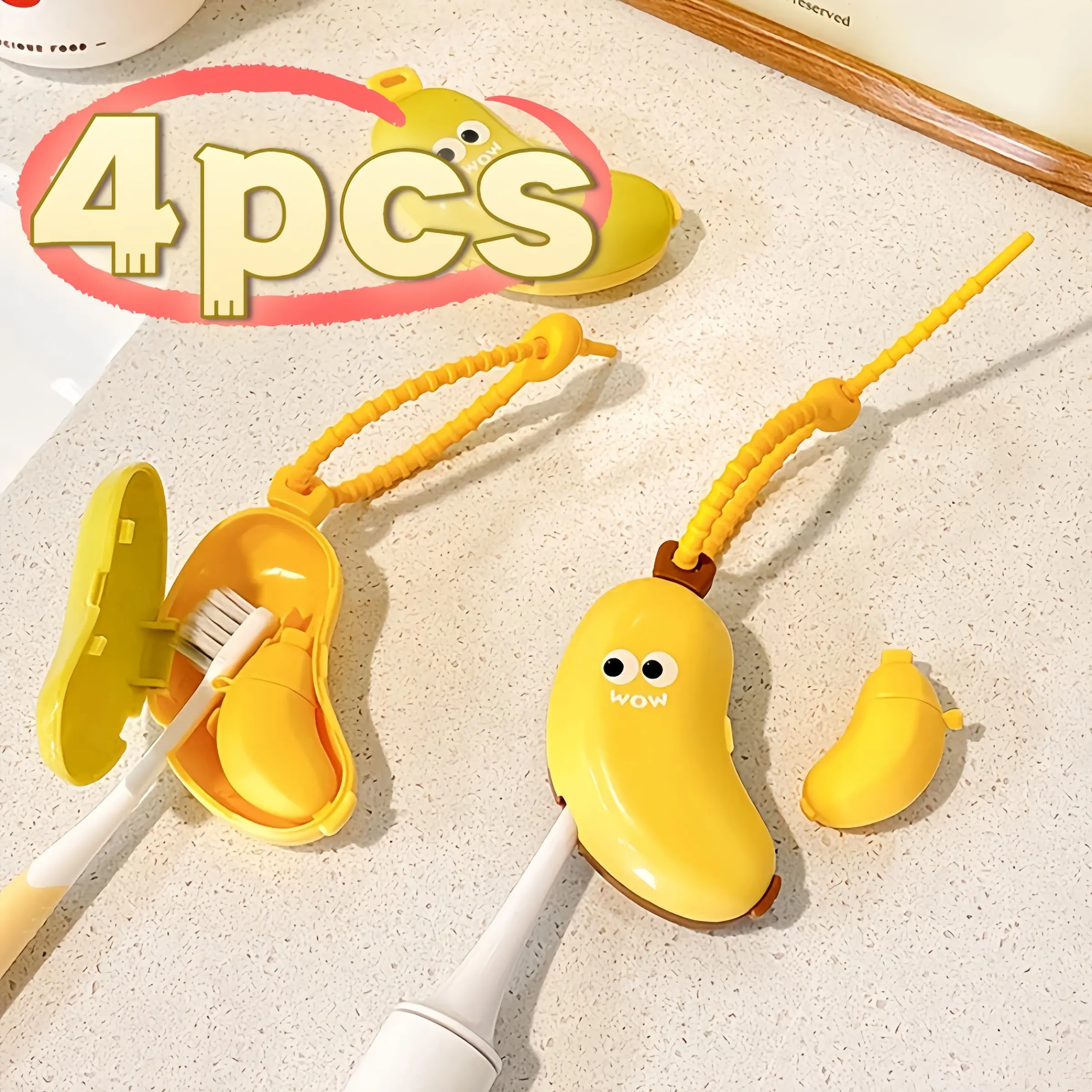 4pcs Banana Shape Toothbrush Holder Set, 2 Large + 2 Small, Dual Protection Case with Toothpaste Box, Universal for Manual and Electric Brushes