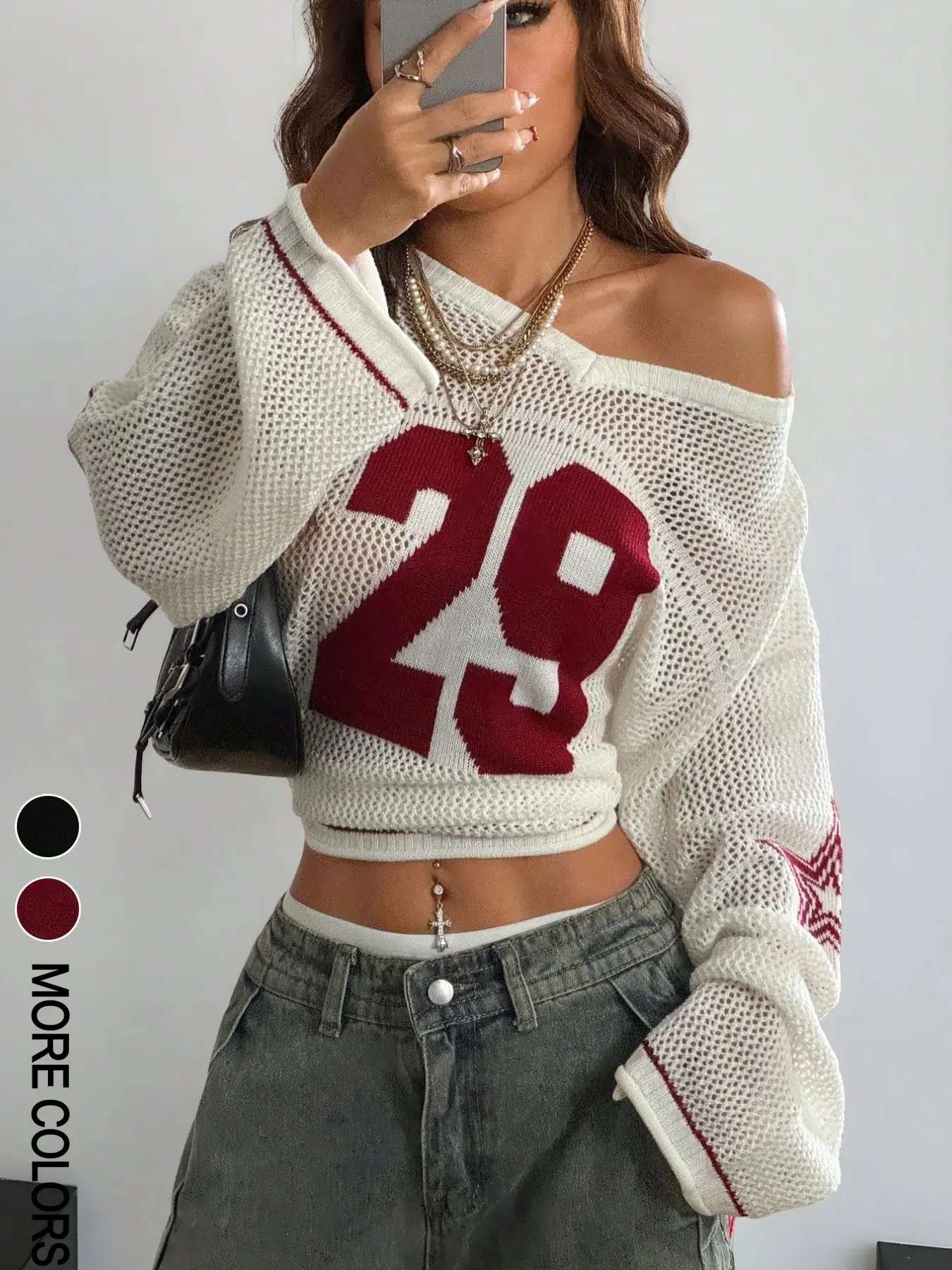Women's Y2K Off‑Shoulder Cropped Knit Sweater, Long‑Sleeve Mesh Hollow‑Out Digital Jacquard Knit Top, Vintage Loose Lazy Cropped Pullover, Daily Streetwear Outfit, Knit Cover‑Up