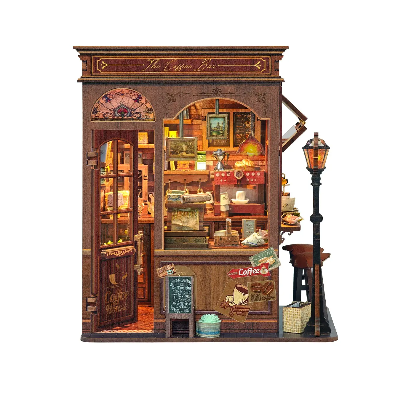 Book Nook Kit, 3D Wooden Puzzle, Vintage European Coffee Bar Style, LED Light, DIY Mini House Set, Miniature Set, Perfect Gift for All Occasions