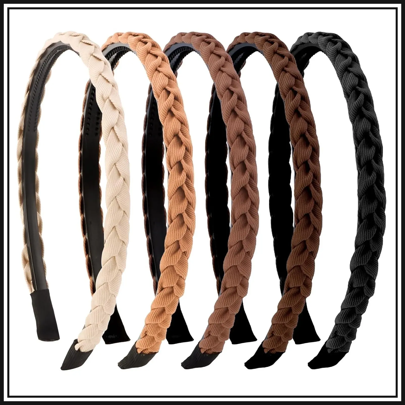Braided Headbands for Women & Girls 5 Pcs, Thin Non-Slip Headbands with Teeth, Comfortable Brown Hairbands, Flexible Fabric Skinny Boho Headband, Neutral Color Set
