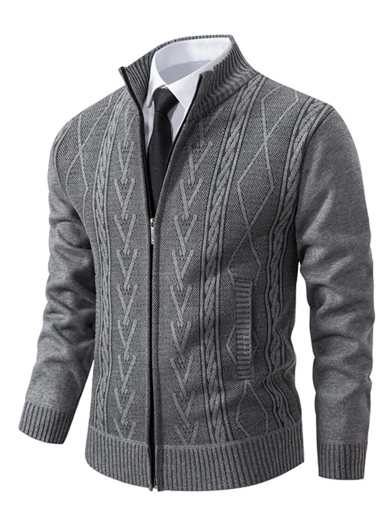 Men's Stand Collar Knit Zipper Cardigan, Fall Winter Versatile Top, Retro Diamond Pattern Pockets, Soft Comfortable Fabric, Business Casual Style