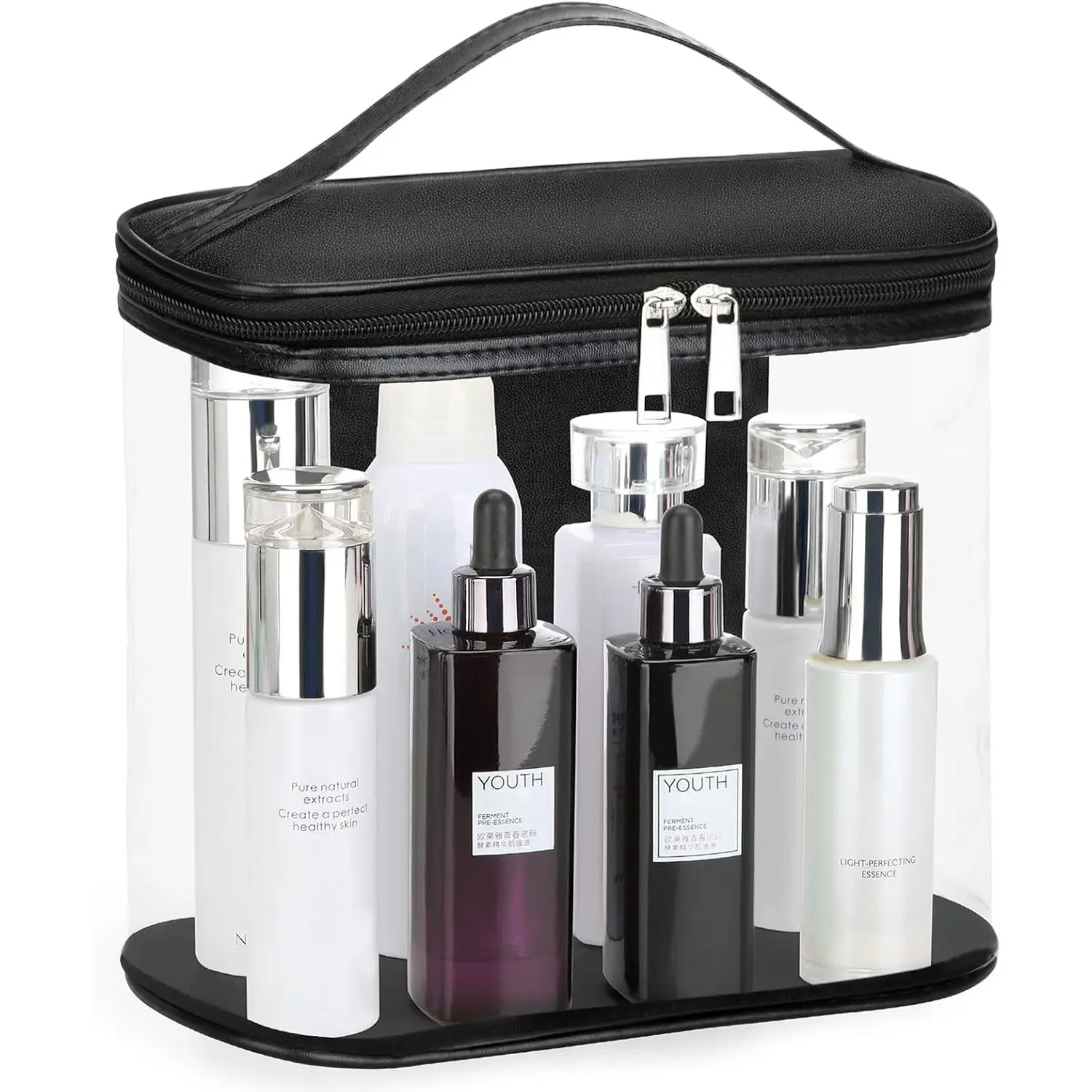Heavy Duty Leak Proof Clear Travel Bags for Toiletries, Transparent Makeup  Bag with Zipper and Handle (Large, Black)
