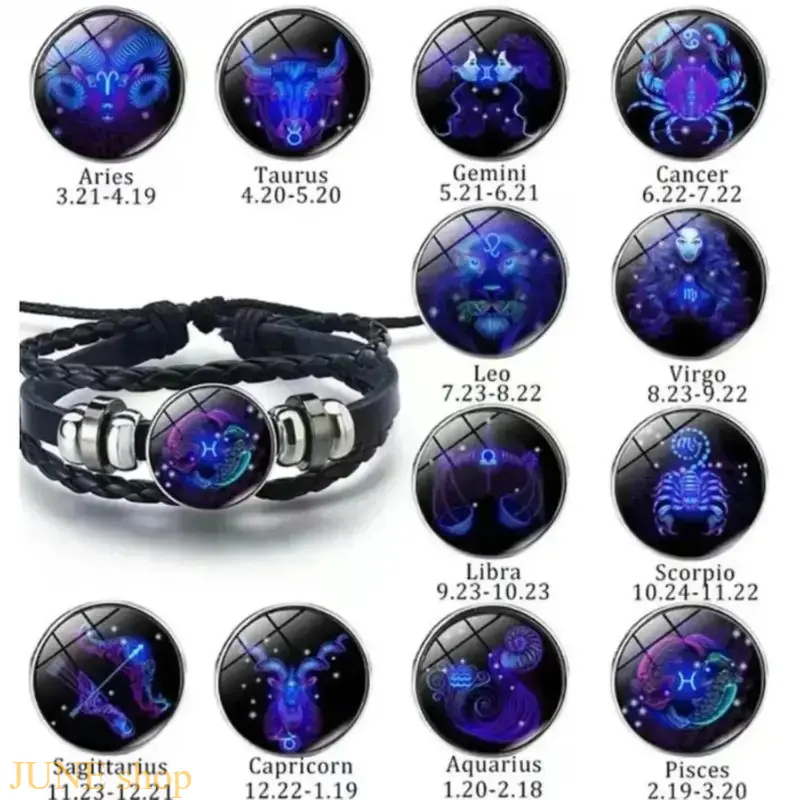 Unisex Zodiac Bracelet - Glow-in-the-Dark Leather Wrap, 12 Constellation Celestial Jewelry with Adjustable Fit, Zodiac Glass, Aries, Taurus, Daily Wear Holiday Gift Bracelet & Bangle