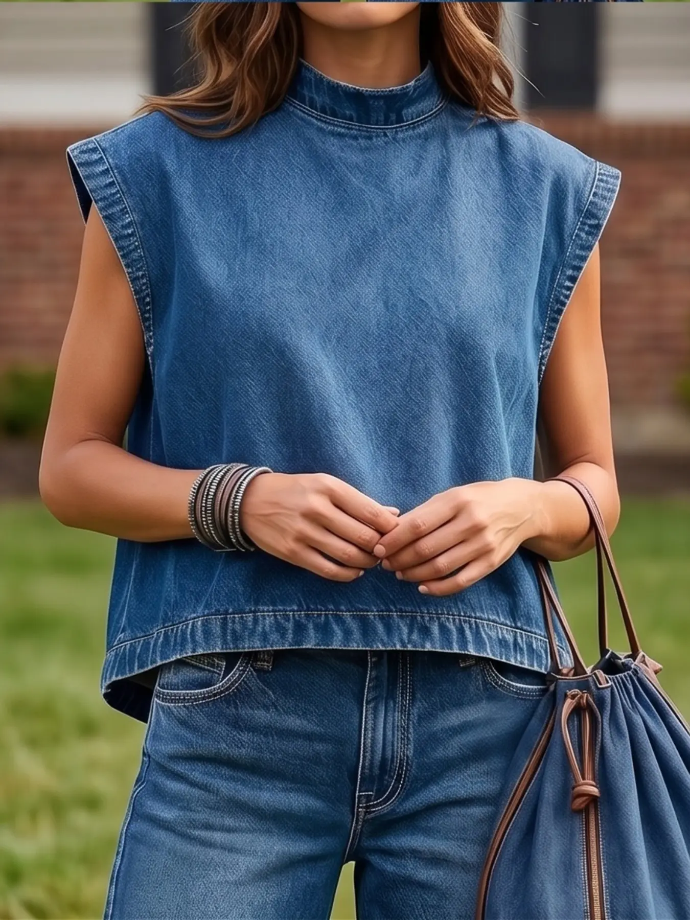 Women's Vintage Half High Neck Sleeveless Denim Top, Loose Washed Back Zipper Pullover Shirt, Casual Streetwear, Casual Sleeveless Tops for Daily Commute