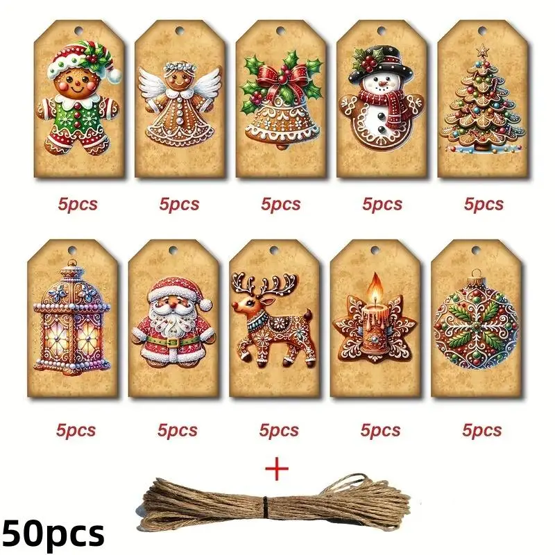 50pcs Christmas gift label with gingerbread, Santa Claus, tree, snowman design - paper party gift label, suitable for holiday gifts, no electricity required, no feathers - suitable for gift packaging